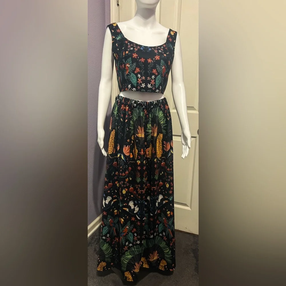Coramoon Sz M Black Mystical Tropical Fern Print Cropped Top And Skirt Set Boho - Picture 2 of 7